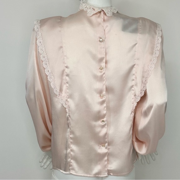 Vintage San Andre Baby Pink Satin & Lace Button Down Blouse - Picture 7 of 9